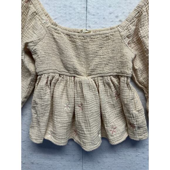 By Together Tan Smocked Crop Top Size S Embroidered Flowers Babydoll Boho - Picture 2 of 10